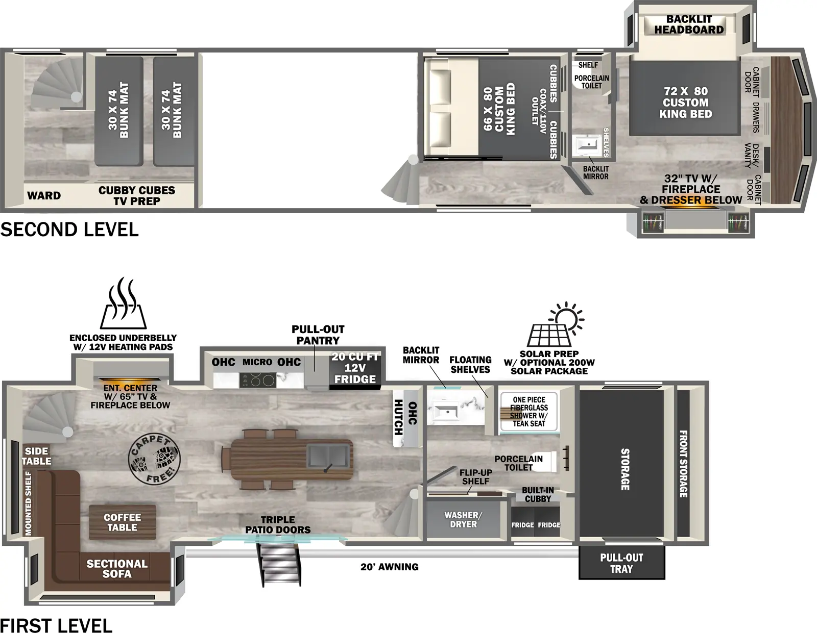 The Hemisphere Fifth Wheels ROOST43 floorplan has one entry and five slide outs. Exterior features include: fiberglass exterior and 20' awning. Interiors features include: loft, kitchen island, front bedroom, two bedrooms, rear living and bathroom and a half.